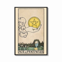 Framed Ace of Pentacles print shown as a bold statement piece on a clean gallery wall