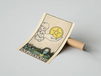 Gently curled Ace of Pentacles print beside its protective shipping tube
