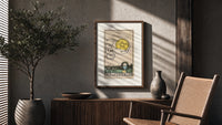 Hand holding pentacle coin poster framed above a fluted sideboard beside an olive tree
