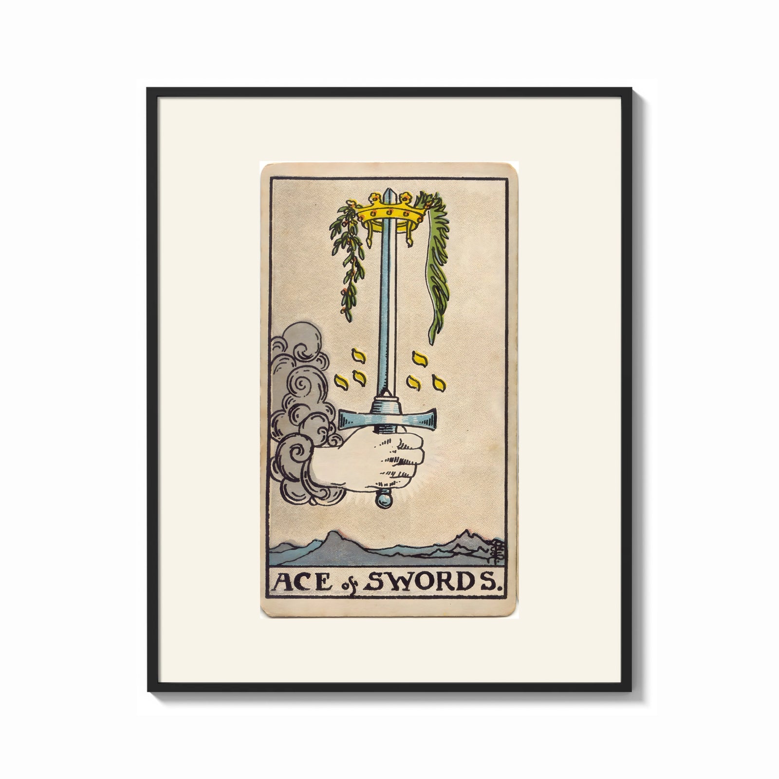 Framed Hand holding upright sword with crown print shown as a bold statement piece on a clean gallery wall