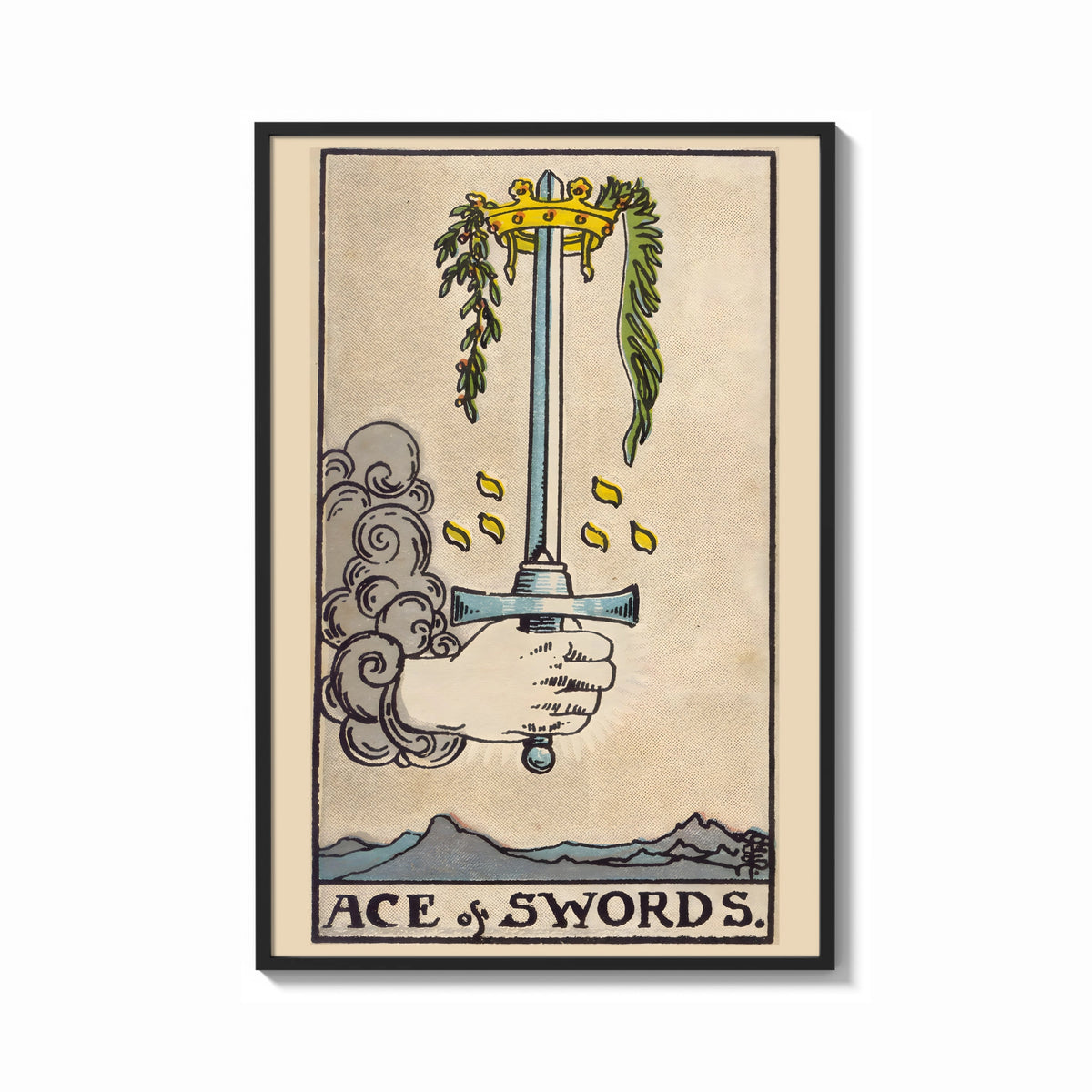 Framed Ace of Swords print shown as a bold statement piece on a clean gallery wall