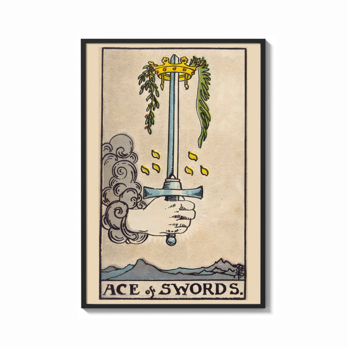 Framed Ace of Swords print shown as a bold statement piece on a clean gallery wall