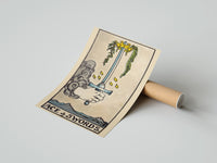 Gently curled Ace of Swords print beside its protective shipping tube