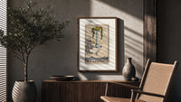 Hand holding upright sword with crown poster framed above a fluted sideboard beside an olive tree