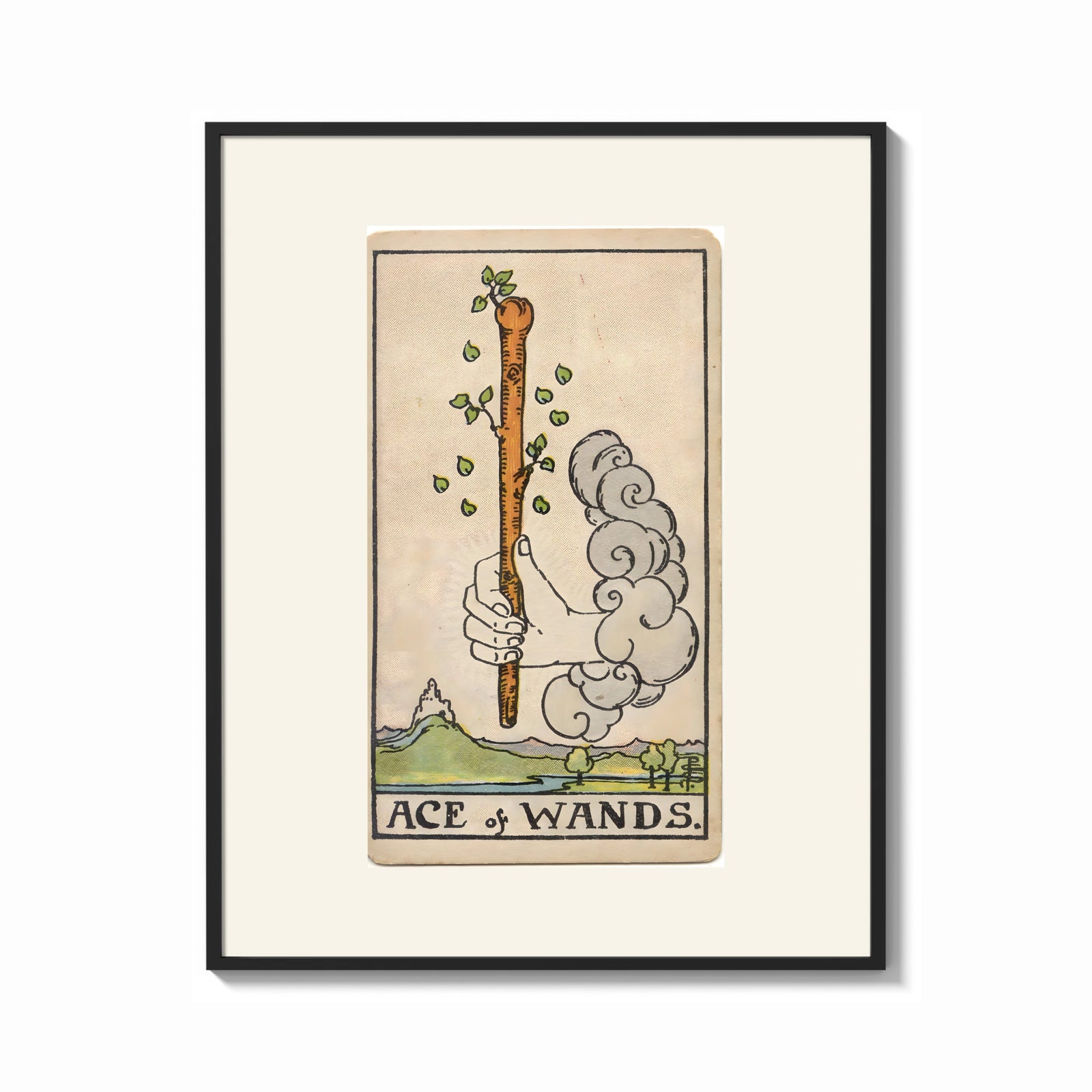 Framed Hand holding sprouting wooden wand print shown as a bold statement piece on a clean gallery wall