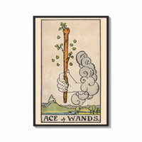 Framed Ace of Wands print shown as a bold statement piece on a clean gallery wall
