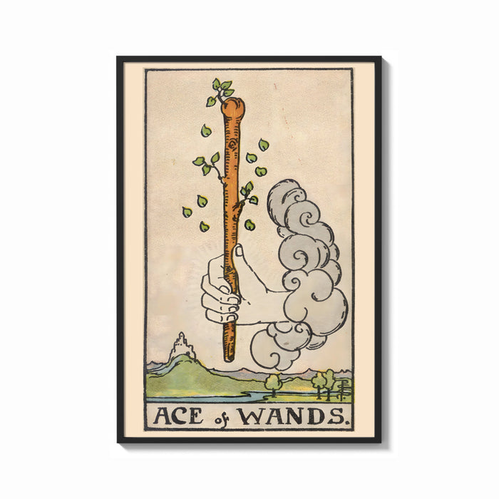Framed Ace of Wands print shown as a bold statement piece on a clean gallery wall