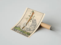 Gently curled Ace of Wands print beside its protective shipping tube