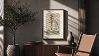Hand holding sprouting wooden wand poster framed above a fluted sideboard beside an olive tree