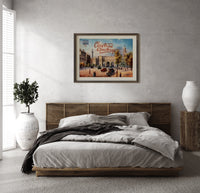 London Admiralty Arch and street scene print in a dark wood frame above a rattan bed on a plaster wall