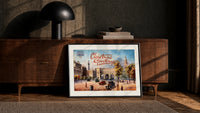 London Admiralty Arch and street scene print in a black frame leaning against a walnut console in lamplight