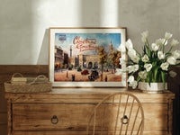 London Admiralty Arch and street scene print in an oak frame on a farmhouse dresser beside white tulips