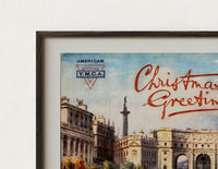 Close-up of the London Admiralty Arch and street scene print's dark wood frame corner and archival matte paper