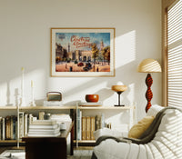 London Admiralty Arch and street scene print in an oak frame above a mid-century book console with a vintage radio