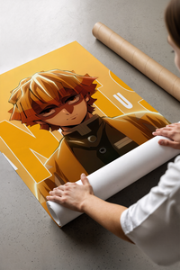 Anime blond-haired young man portrait print laid flat in a styling flatlay