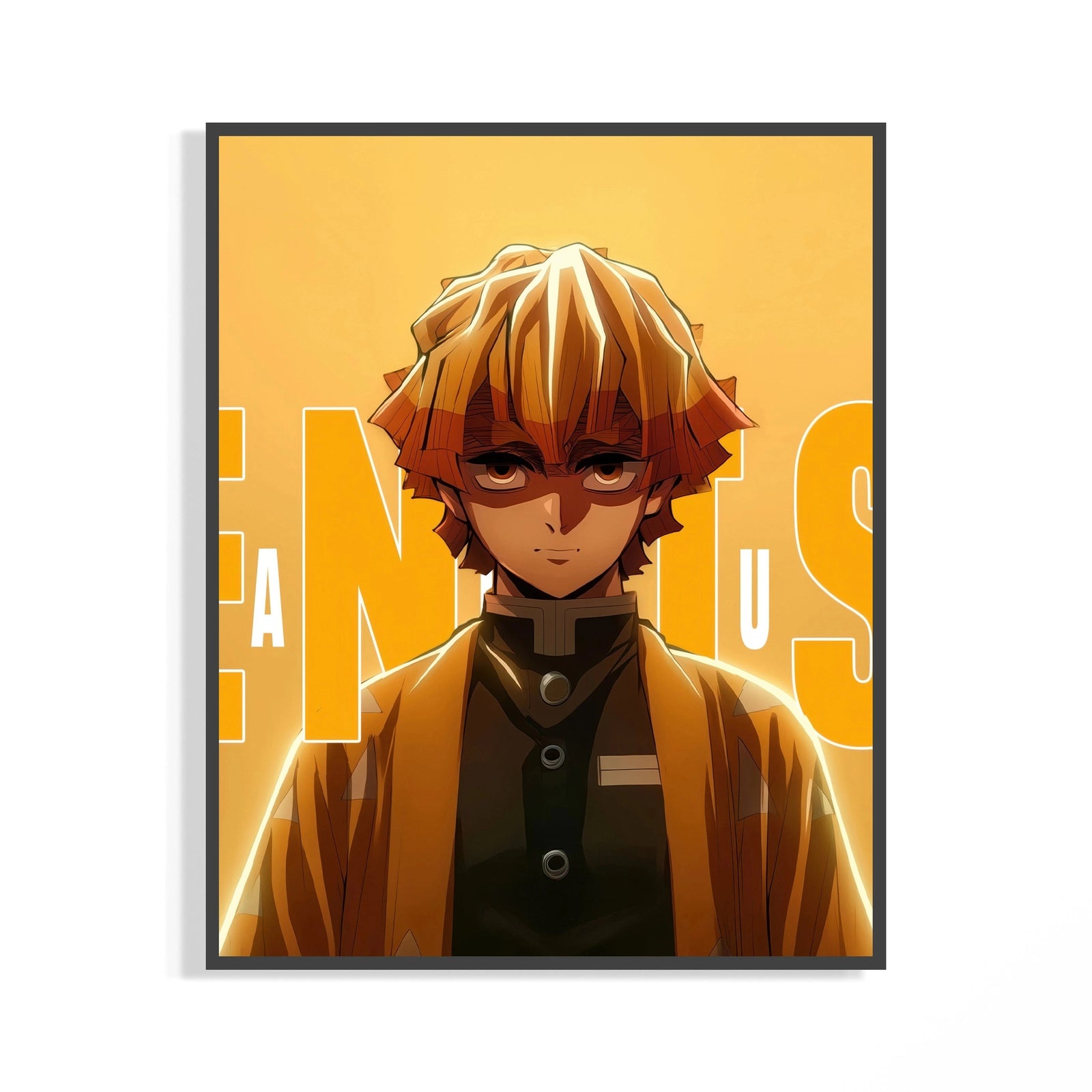 Framed Anime blond-haired young man portrait print displayed as a statement piece