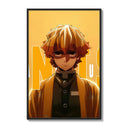 Anime blond-haired young man portrait poster framed on a white gallery wall