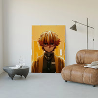 Anime blond-haired young man portrait poster framed in a luxury living-room setting