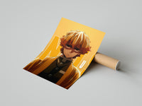 Anime blond-haired young man portrait poster styled above furniture in a modern room