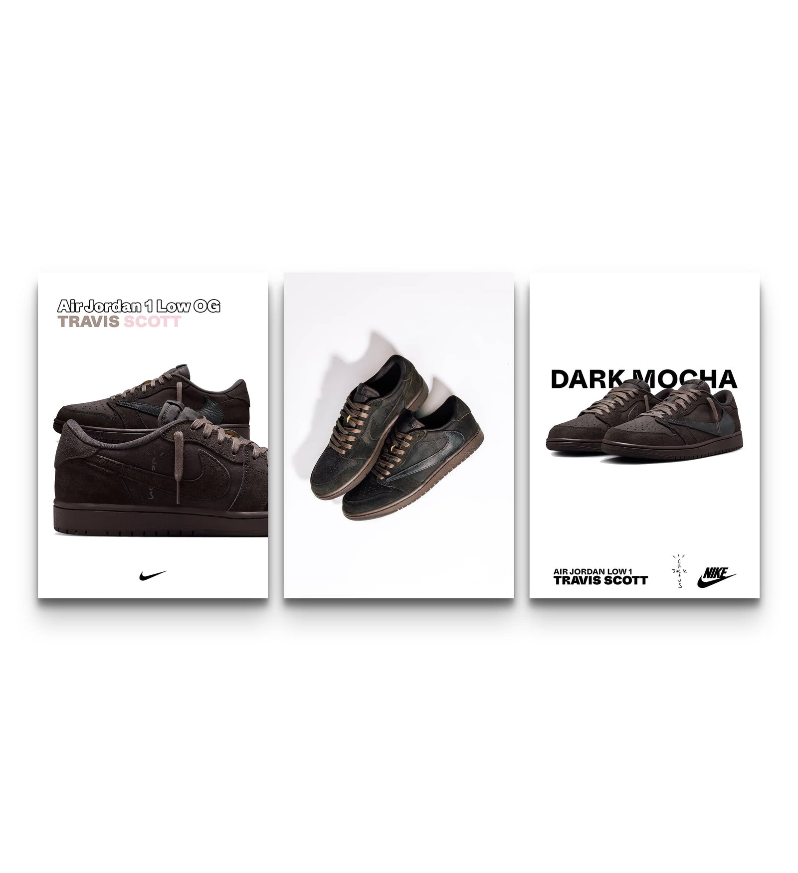 Three editorial Dark Mocha Air Jordan 1 Low Travis Scott sneaker prints arranged together as a matching set