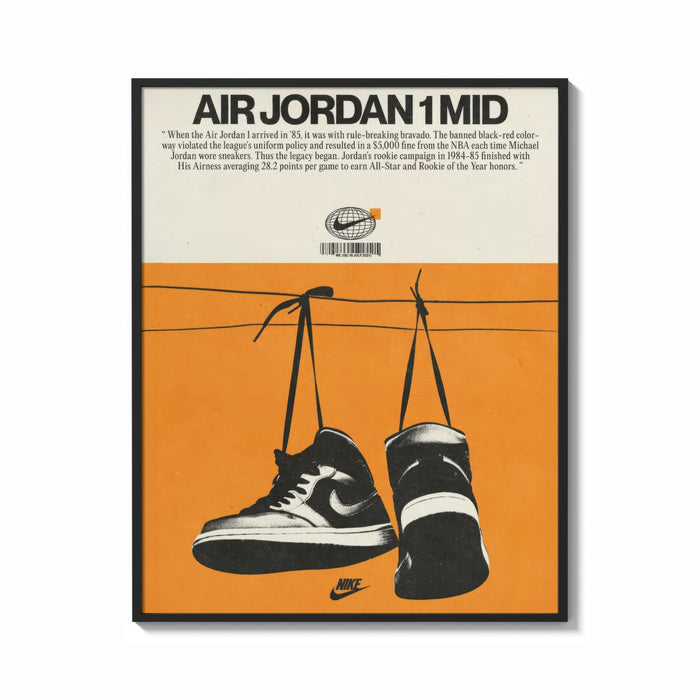 Framed Air Jordan 1 Mid Hanging Sneakers print shown as a bold statement piece on a clean gallery wall