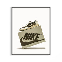 Air Jordan 1 Travis Scott Mocha sneaker art in brown and cream tones displayed above a tilted shelf in a styled room