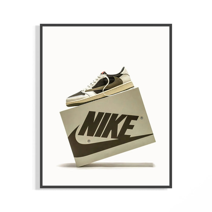 Air Jordan 1 Travis Scott Mocha sneaker art in brown and cream tones displayed above a tilted shelf in a styled room