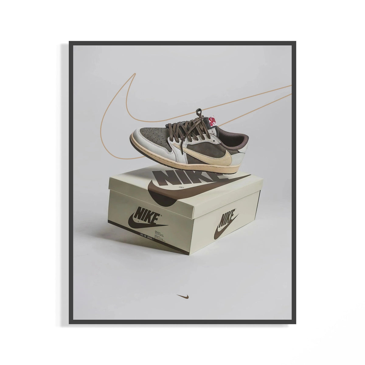 Mocha Air Jordan 1 Travis Scott print floating above a Nike shoebox with reversed brown swoosh detail