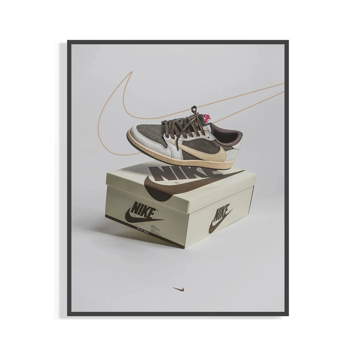 Mocha Air Jordan 1 Travis Scott print floating above a Nike shoebox with reversed brown swoosh detail