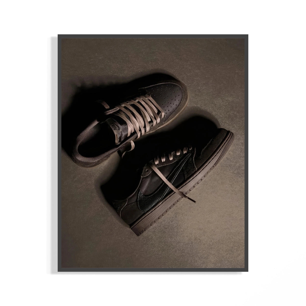 Air Jordan 1 Travis Scott Velvet Brown Mocha sneaker art print shown against a textured brown surface