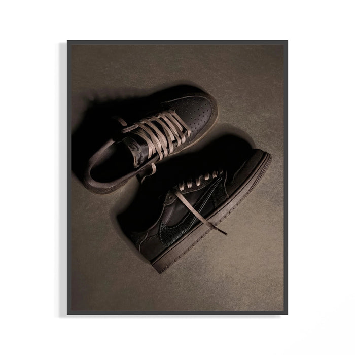 Air Jordan 1 Travis Scott Velvet Brown Mocha sneaker art print shown against a textured brown surface