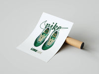Top-down green Air Max 1 Limeade print with handwritten Nike script displayed as a rolled poster