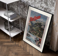 Alpine mountain and lake landscape poster in a black frame leaning beside a shelf in a raw-plaster loft