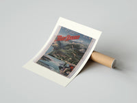 Rolled Alpine mountain and lake landscape poster beside its crush-resistant kraft shipping tube