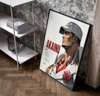 Marine admiral in profile poster in a black frame leaning beside a shelf in a raw-plaster loft