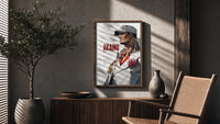 Marine admiral in profile poster framed above a fluted sideboard beside an olive tree