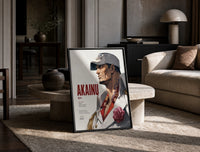 Marine admiral in profile print in a black frame leaning on a travertine table in a sunlit lounge