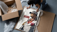 Marine admiral in profile framed print being unpacked from protective bubble wrap and a box