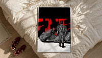 Akira Kaneda Power Bike framed print styled on a bed with sneakers alongside