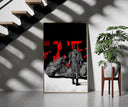 Akira Kaneda Power Bike framed print on a staircase entryway wall beside a plant