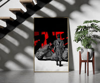 Akira Kaneda Power Bike framed print on a staircase entryway wall beside a plant