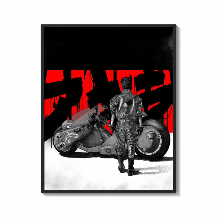 Framed Akira Kaneda Power Bike print shown as a statement piece on a gallery wall