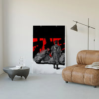 Akira Kaneda Power Bike poster framed above a tan leather living-room couch