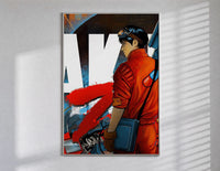 Red Akira Kaneda Jacket poster framed in white on a clean gallery wall