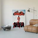 Boy and red motorcycle poster framed in a luxury living-room setting