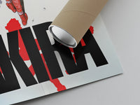 Red Akira Kaneda Motorcycle print lying flat with its kraft shipping tube resting on the title lettering