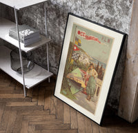 Algerian woman in traditional dress poster in a black frame leaning beside a shelf in a raw-plaster loft
