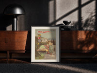 Black-framed Algerian woman in traditional dress print on a moody console with designer coffee-table books