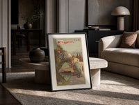 Algerian woman in traditional dress print in a black frame leaning on a travertine table in a sunlit lounge