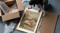 Algerian woman in traditional dress framed print being unpacked from protective bubble wrap and a box